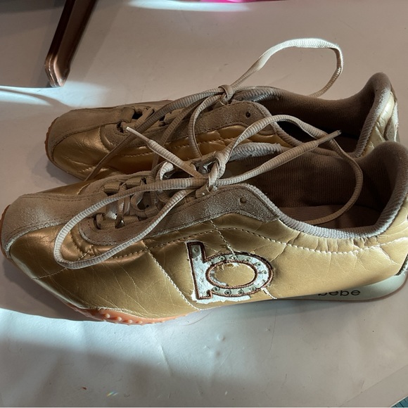 Bebe Sport Womens 9.5 Sneakers Gold Leather W/ suede Details & Rhinestones on B - Picture 5 of 16